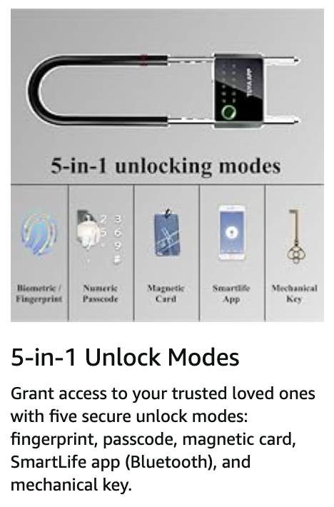Titan U-Lock: Ultimate 5-in-1 Smart U Shape Lock for Doors, Cabinets, Bikes, and Gates with Multiple Unlock Modes (Fingerprint, PIN, Bluetooth, NFC, Key)