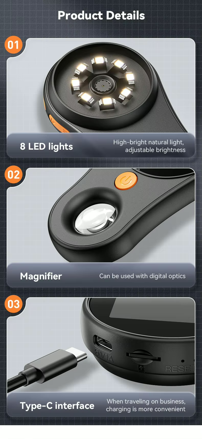 digital microscope with inbuilt light source optical magnifier and type C for charging