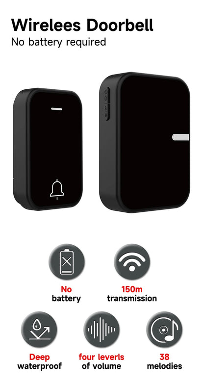 EcoDing Kinetic Doorbell | Color Raven Black | Wireless | No batteries needed