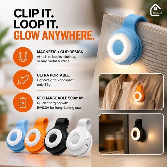 Glow Loop Clip-On LED Light | 5 Lighting Modes | Magnetic Rechargeable | Portable Mini Light for Reading, Photography, Pets & Night Use | Silicone + ABS (500mAh) | Sunset Orange