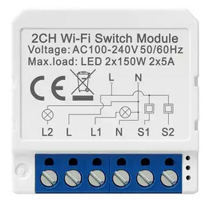 SmartSwitchModule | wifi switch module | 2 Gang / 2 x 150W switches | hides inside wall | Alexa, Smartlife compatible