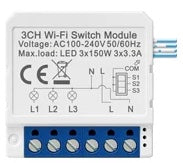 SmartSwitchModule | wifi switch module | 3 Gang | controls 3 X 150W switches | hides inside wall | retrofitted | Alexa, Smartlife compatible
