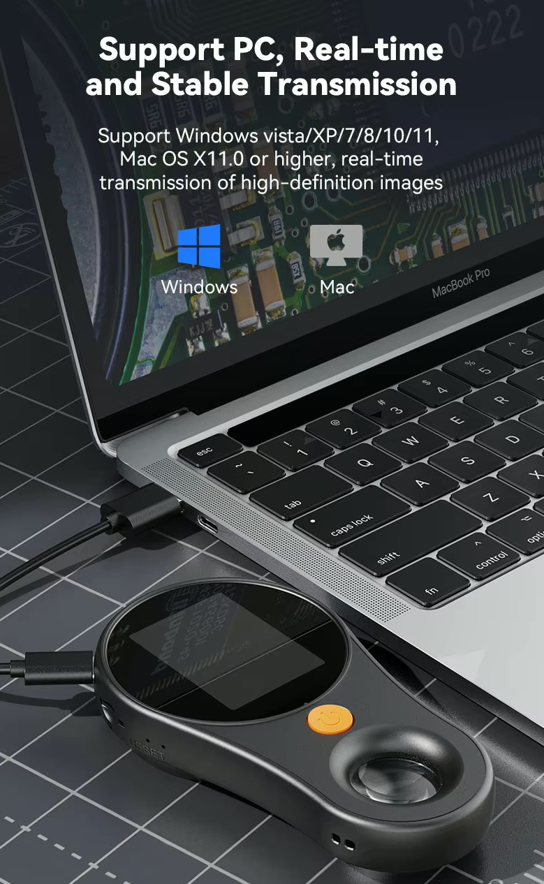 pocket microscope connects to PC desktop for live view supports Apple Mac and Microsoft Windows