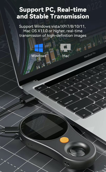 pocket microscope connects to PC desktop for live view supports Apple Mac and Microsoft Windows